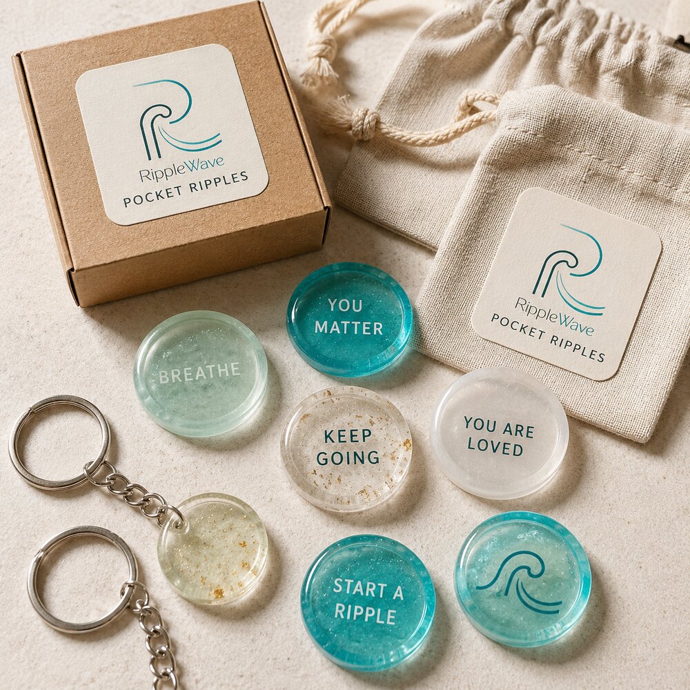 Pocket Ripples — glass tokens and keychain